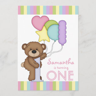 1st Birthday Bear Rainbow Stripes and Balloons Invitation