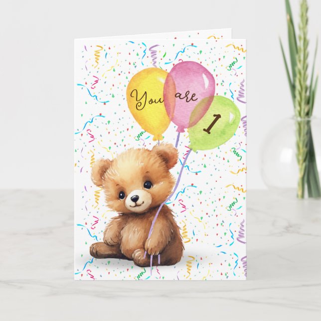 1st Birthday Bear With Balloons Card (Front)