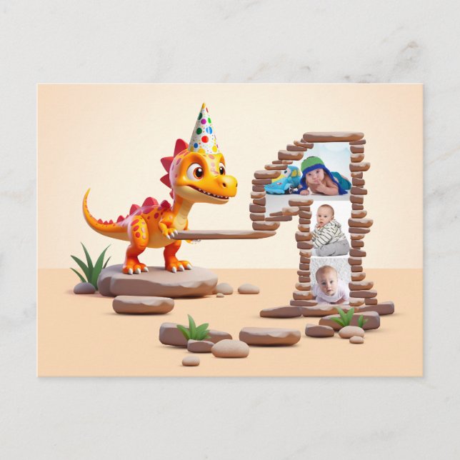 1st Birthday Big Number Photo | Dragon Little Dino Postcard (Front)