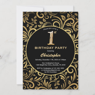 1st Birthday Black and Gold Floral Pattern Invitation
