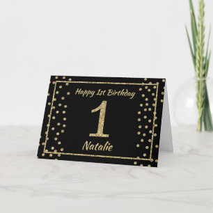 1st Birthday Black and Gold Glitter Confetti Card