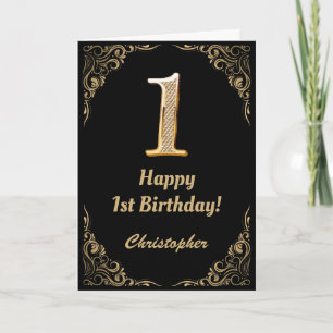 1st Birthday Black and Gold Glitter Frame Card