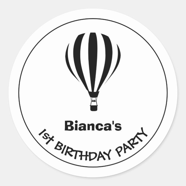 1st Birthday Black and White Hot Air Balloon Classic Round Sticker (Front)