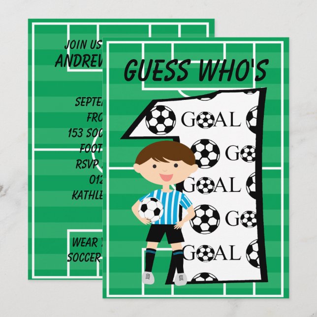 1st Birthday Blue and White Soccer Goal Invitation (Front/Back)