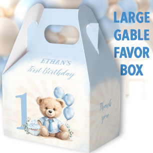 1st Birthday Blue Beige Bear Number Large Gable Favor Box