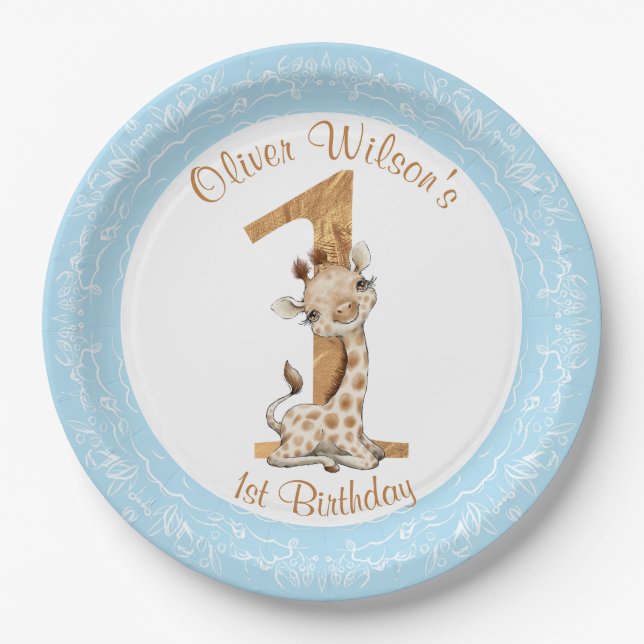 1st Birthday Blue Boy Baby Giraffe Paper Plate (Front)