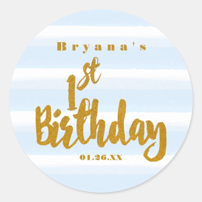 1st Birthday Blue & Gold Foil Watercolor Sticker (Front)