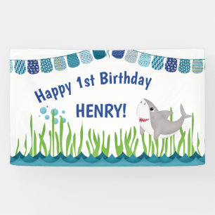 1st Birthday Blue Teal Shark Ocean Kid Banner