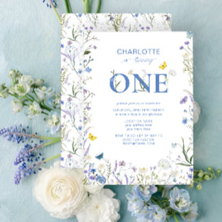 1st Birthday Blue Wildflower Garden Is Turning One Invitation