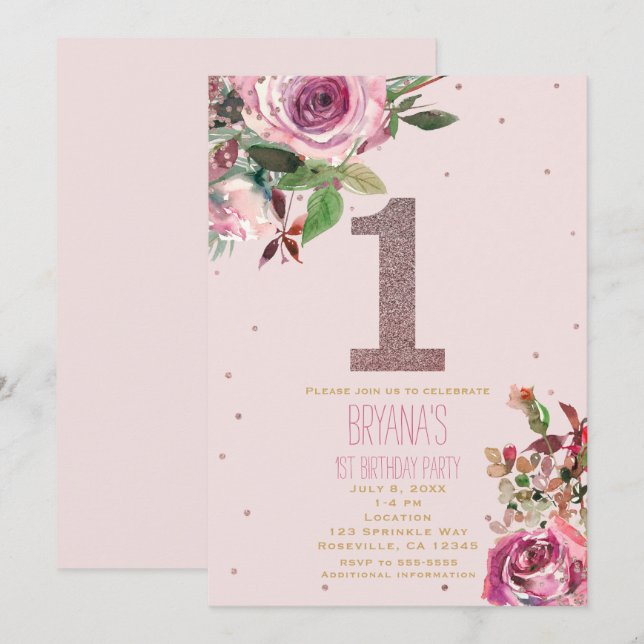 1st Birthday Blush Pink Rose Gold Floral Modern Invitation (Front/Back)
