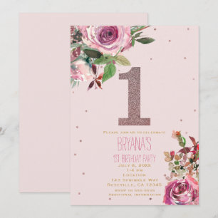 1st Birthday Blush Pink Rose Gold Floral Modern Invitation
