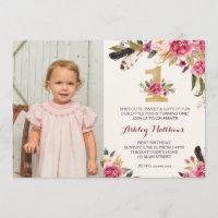 1ST birthday boho feather FIRST Floral Invitation