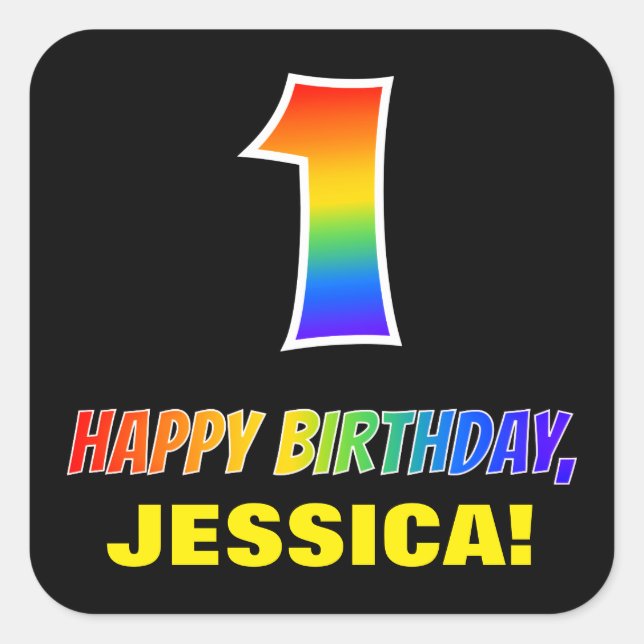 1st Birthday: Bold, Fun, Simple, Rainbow 1 Square Sticker (Front)