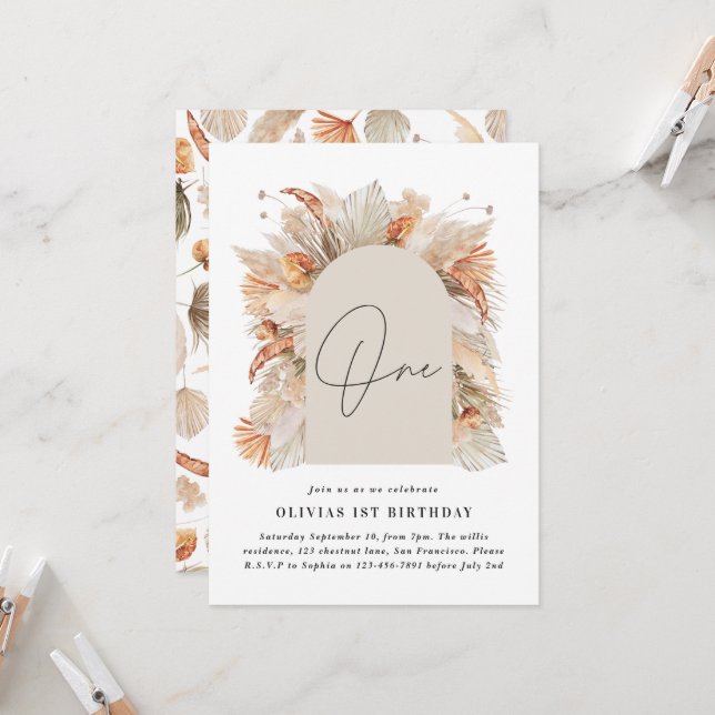 1st Birthday Botanical Pampas Grass Modern script Invitation (Front/Back In Situ)