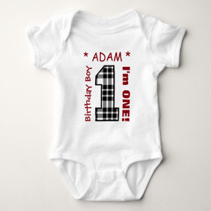1st Birthday Boy BLACK PLAID Year Custom Name C05 Baby Bodysuit
