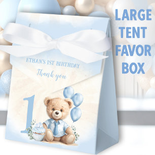 1st Birthday Boy Blue Beige Teddy Bear Large Tent Favor Box