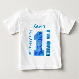 1st Birthday Boy Blue Camo One Year Old B3BZ Baby T-Shirt