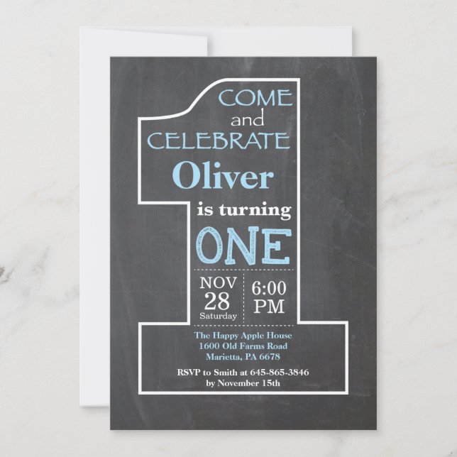 1st Birthday Boy Blue Chalkboard Invitation (Front)
