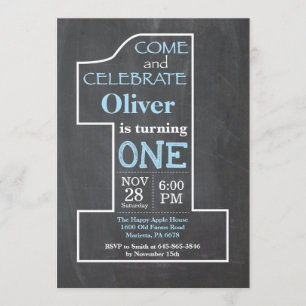 1st Birthday Boy Blue Chalkboard Invitation