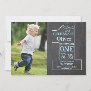 1st Birthday Boy Blue Chalkboard Photo Invitation