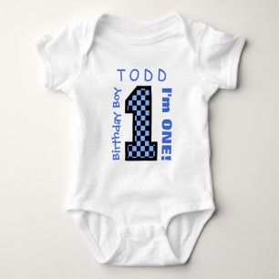 1st Birthday Boy BLUE CHECKS Year Custom Name C04 Baby Bodysuit