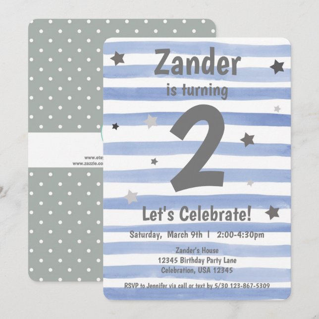 1st birthday boy blue star  invitation (Front/Back)
