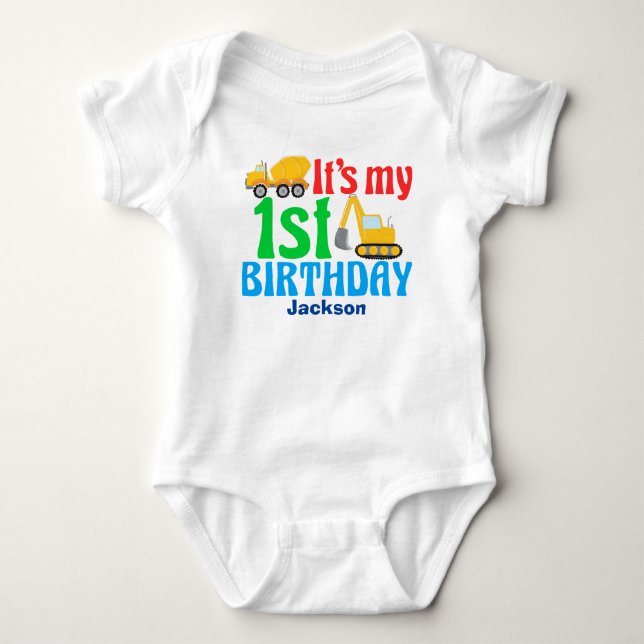 1st Birthday Boy Construction Vehicle Party Baby Bodysuit (Front)