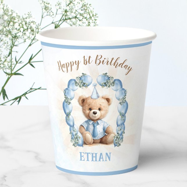 1st Birthday Boy Cute Teddy Bear Blue Balloons Paper Cups (1st Birthday Boy Cute Teddy Bear Blue Balloons Paper Cups)