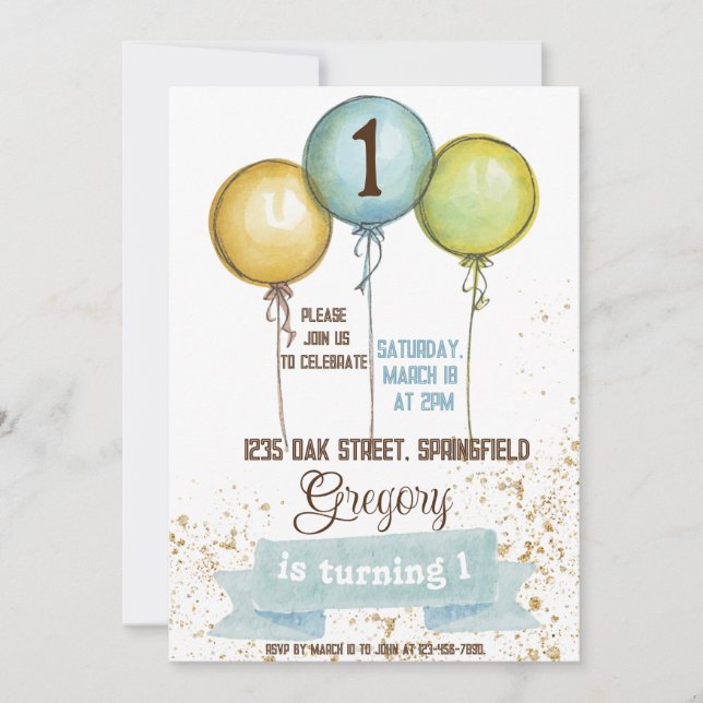 1st birthday boy invite,boy birthday party,blue  invitation (Front)