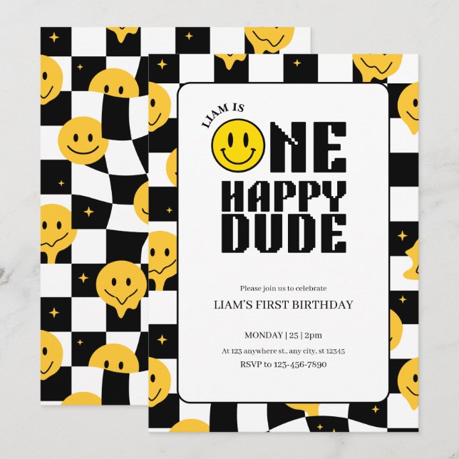 1st birthday boy One happy dude happy emoji  Invitation (Front/Back)