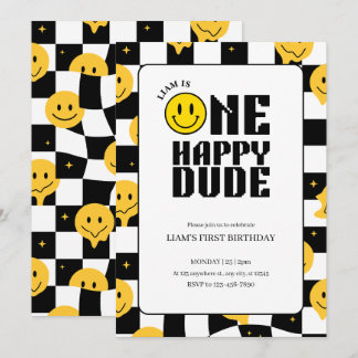 1st birthday boy One happy dude happy emoji  Invitation