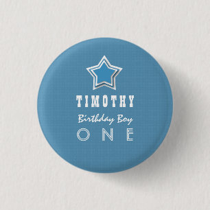 1st Birthday Boy One Year Old Blue White Star D03 1 Inch Round Button