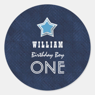 1st Birthday Boy One Year Old Navy White Star D05Z Classic Round Sticker