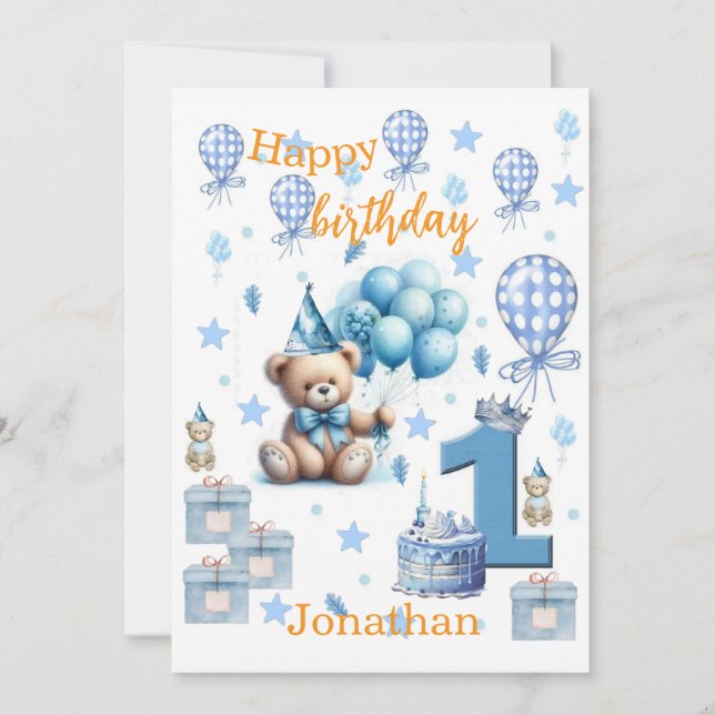 1st. Birthday Boy Teddy Bear Blue Invitation (Front)