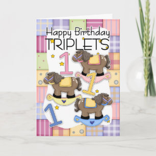 1st Birthday Card For Triplets With Rocking Horses