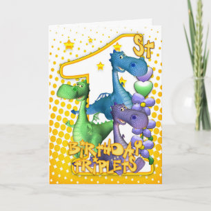1st Birthday Card For Triplets With Three Cute Dra