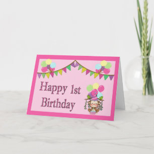 1st Birthday Card - Monkey, Pennants & Balloons