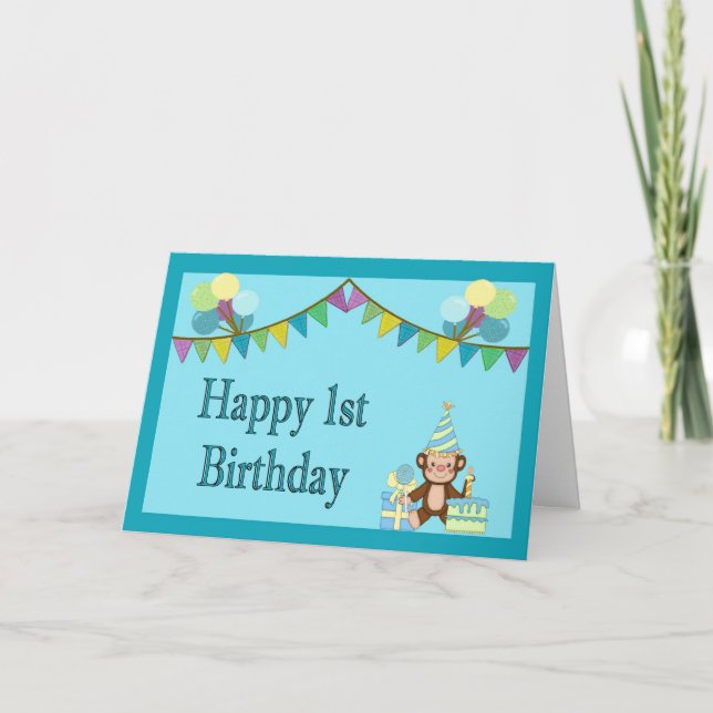 1st Birthday Card - Monkey, Pennants & Balloons (Front)