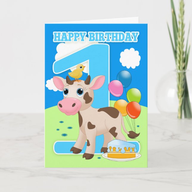 1st Birthday Card With Little Cow Cake And Balloon (Front)