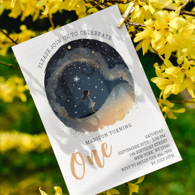 1st Birthday Celestial Star Watercolor Girl Modern Invitation (Creator Uploaded)