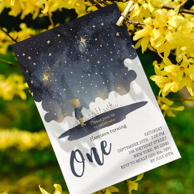 1st Birthday Celestial Stars Watercolor Boy Modern Invitation (Creator Uploaded)