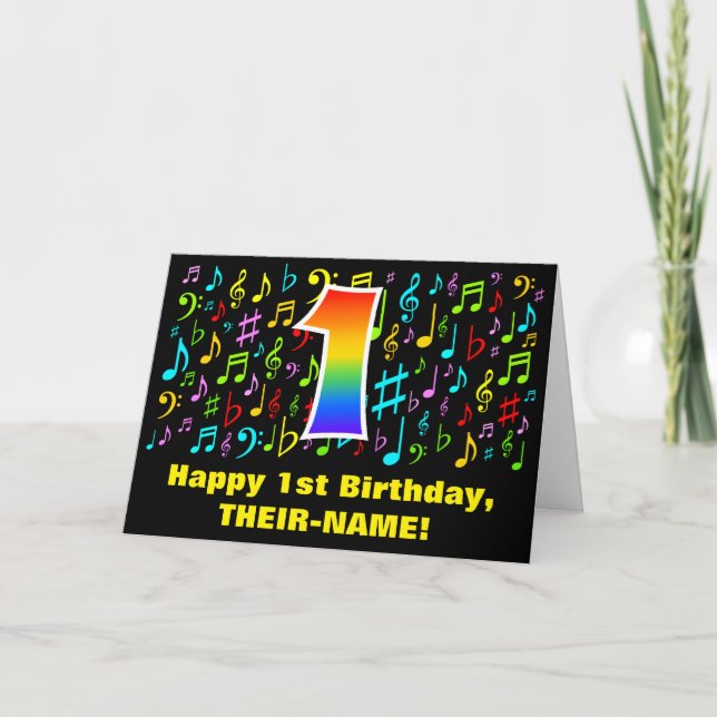 1st Birthday - Colorful Music Symbols & Rainbow 1 Card (Front)