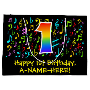 1st Birthday - Colorful Music Symbols, Rainbow 1 Large Gift Bag