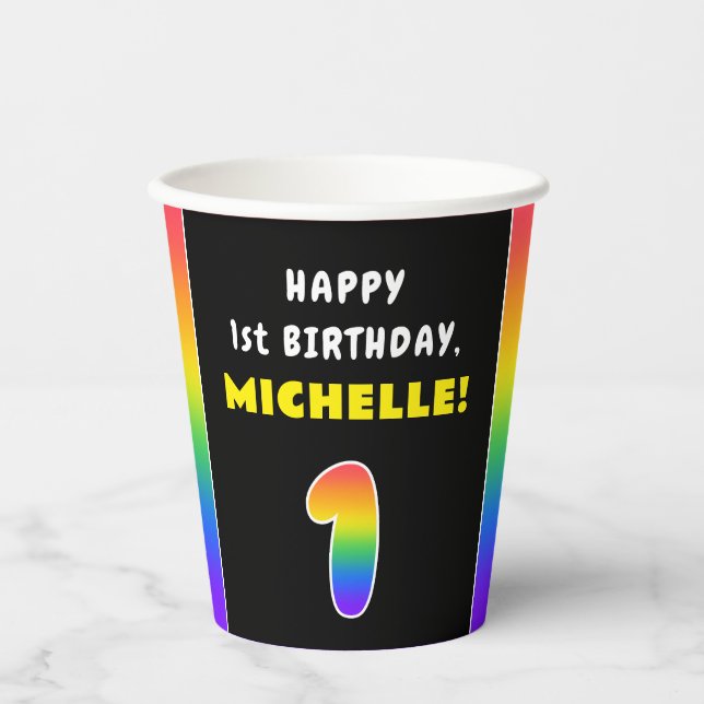 1st Birthday: Colourful Rainbow # 1, Custom Name Paper Cups (Front)