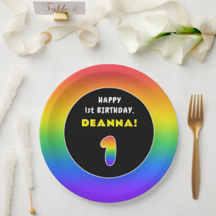 1st Birthday: Colourful Rainbow # 1, Custom Name Paper Plate