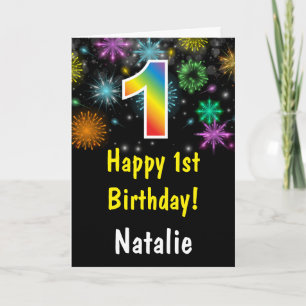 1st Birthday Colourful Rainbow Fireworks Card