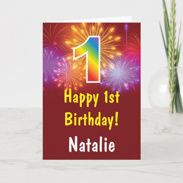1st Birthday Colourful Rainbow Fireworks Red Card (Front)