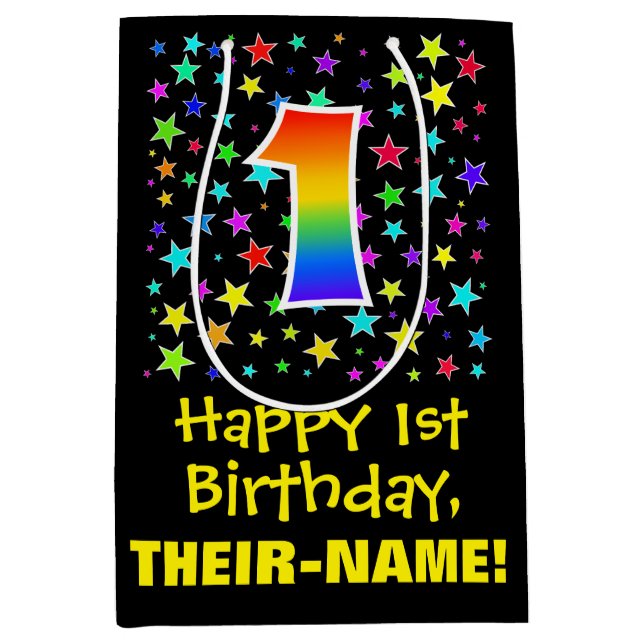 1st Birthday: Colourful Stars Pattern & Rainbow 1 Medium Gift Bag (Front)