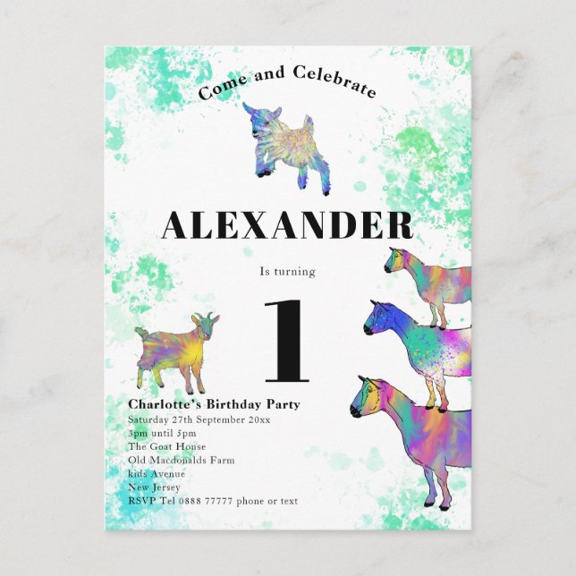 1st Birthday Colourful Watercolor Goats Invitation Postcard (Front)