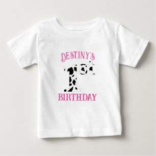 1st Birthday Cow Print Pink Text Baby T-Shirt